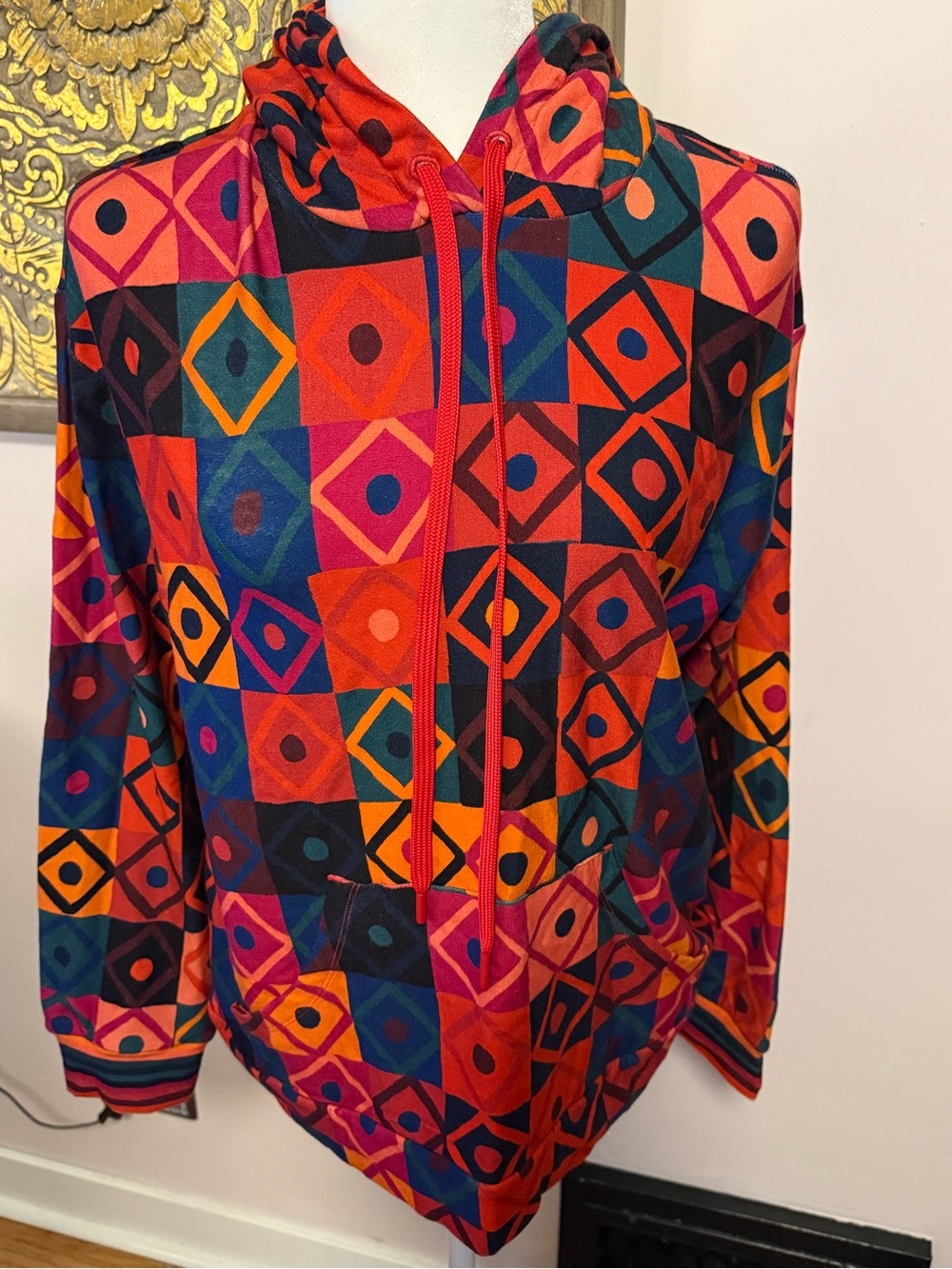 Farm Rio Anthropologie Colorful Geometric Cowl Neck Pullover Hoodie Size S